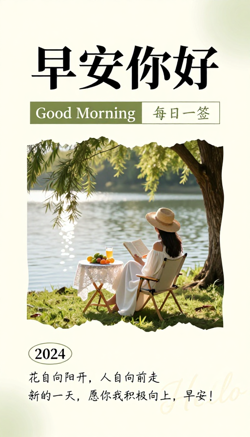 早安你好 清新湖畔晨间插画海报