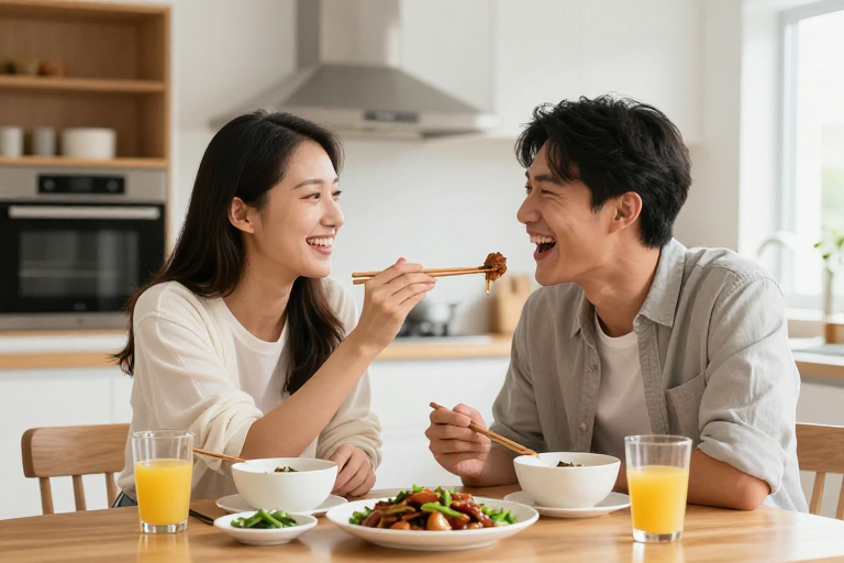 温馨亚洲情侣共享家常餐,高清摄影展现家庭幸福时光
