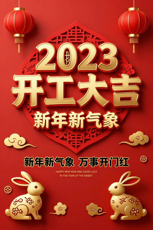 2023新年开工：红金中国风喜庆海报