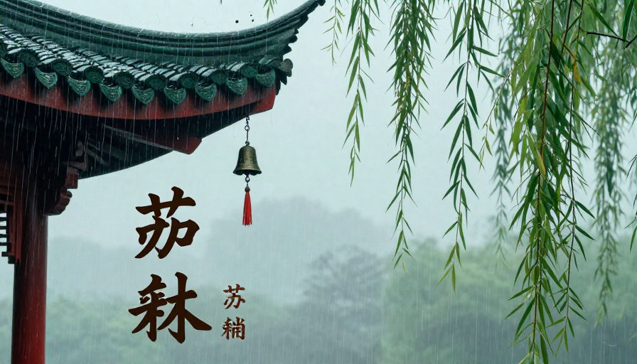 江南雨景中的青瓦飞檐与风铃诗意