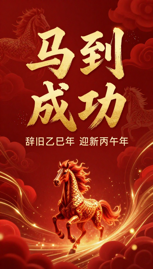 中国风新年喜庆海报,深红金配色骏马奔腾