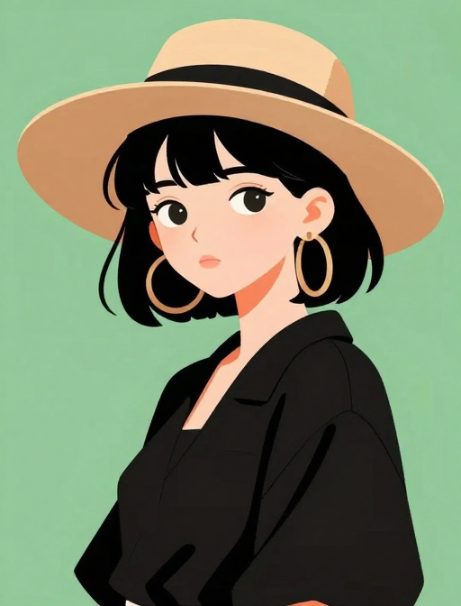 自信短发少女戴大草帽，时尚插画风绿色背景