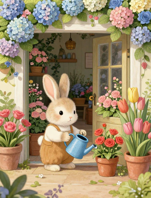 治愈童心:暖心小兔子的花店插画