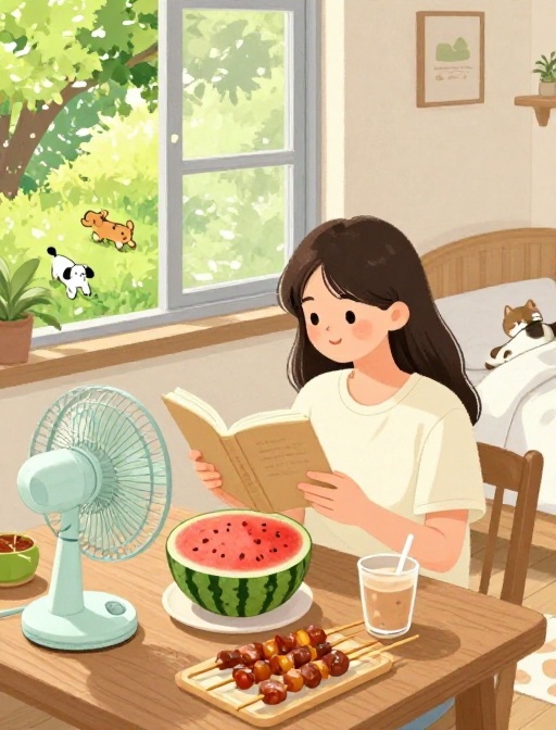夏日午后悠闲时光：女生阅读与宠物相伴的温馨插画