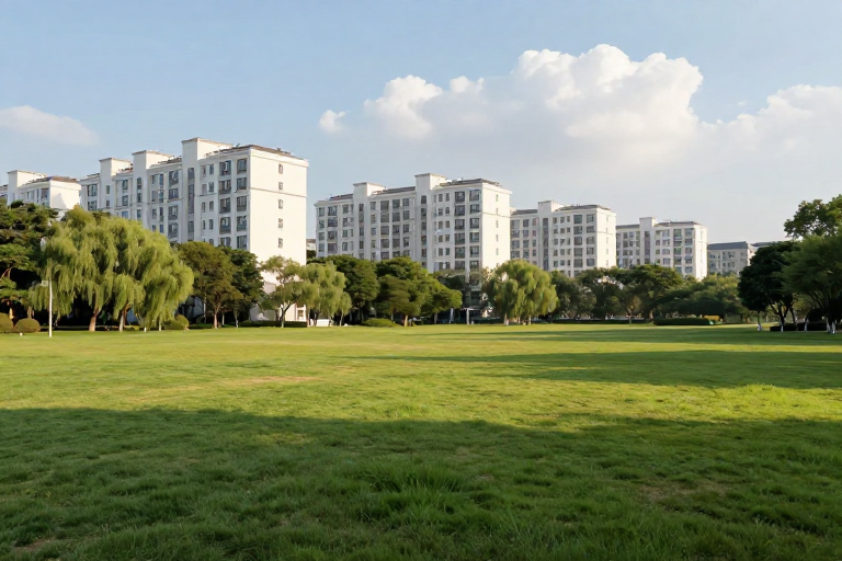 翠绿草坪与高层住宅的都市自然光影