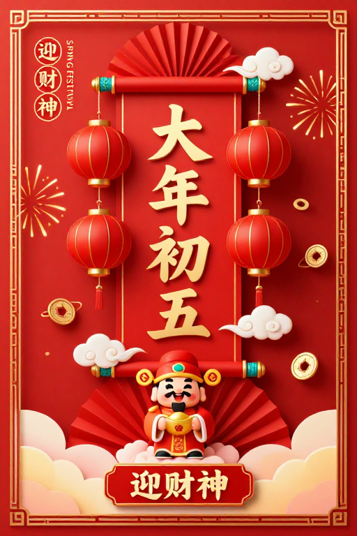 新春迎财神·传统中国红富贵插画海报