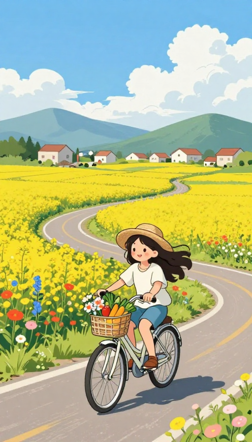 治愈系漫画:少女骑行花田间,清新田园风光