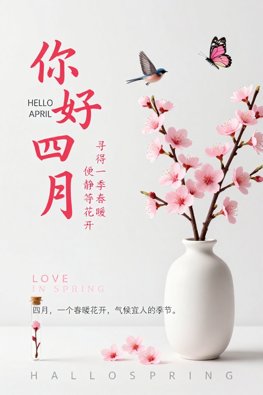 春日简约海报:你好四月,静待花开