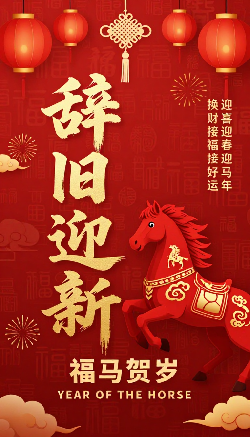 红金中国风新年海报，金马奔腾贺岁