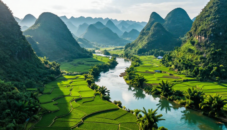 青绿梯田山水间的自然光影画卷