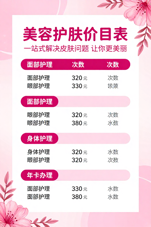 粉色清新美容价目表海报，专业解决肌肤问题
