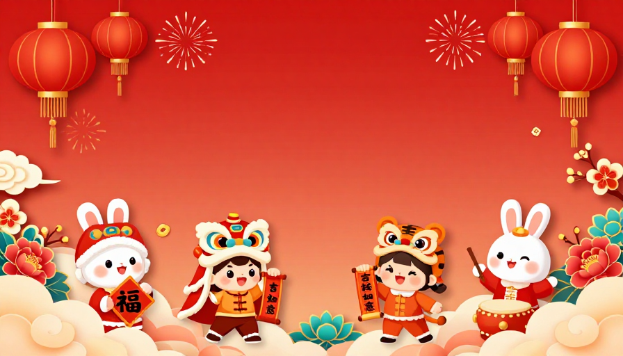 喜庆中国风新年插画：红金渐变与Q版角色欢庆