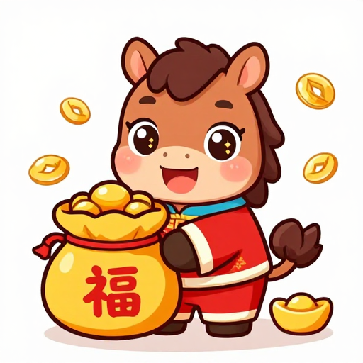 喜庆吉祥的卡通福马，手持金元宝寓意好运