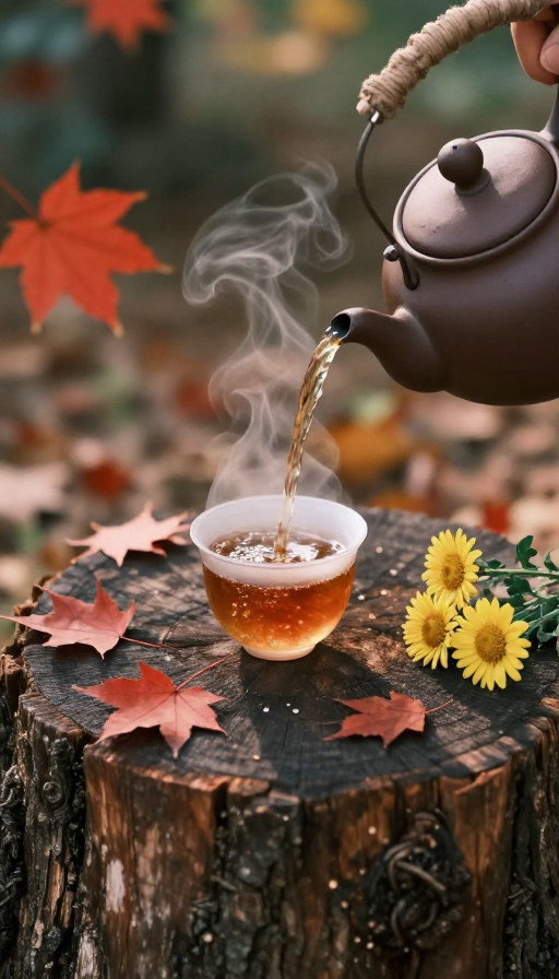 秋日茶韵：琥珀茶汤与野菊点缀的静谧时光