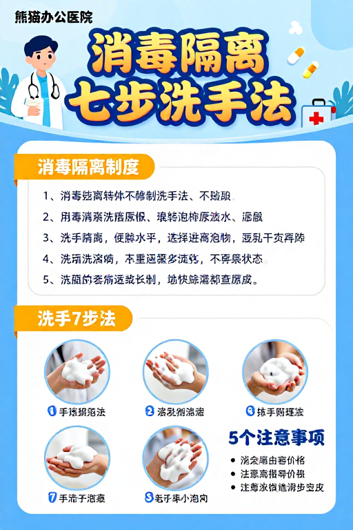 专业清新医疗海报:消毒隔离七步洗手法