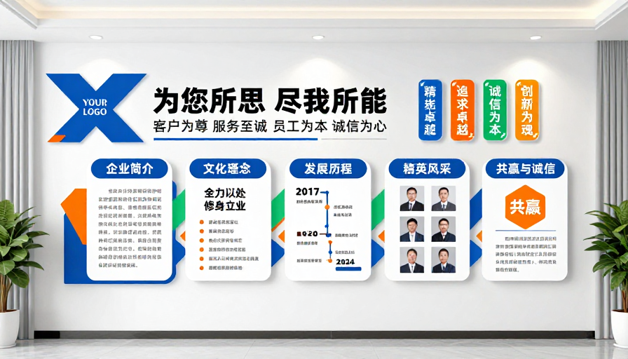 现代企业形象文化墙：蓝橙绿活力配色方案