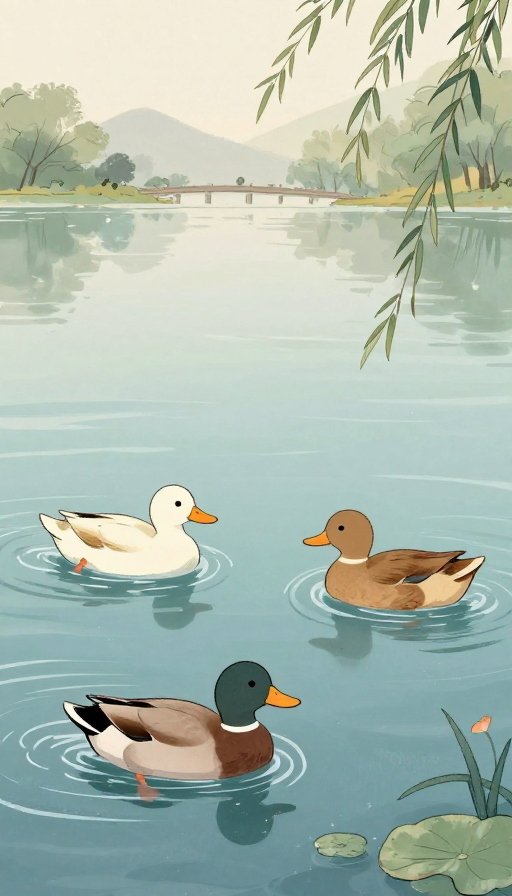春江嬉戏鸭:古风漫画中的灵动水景