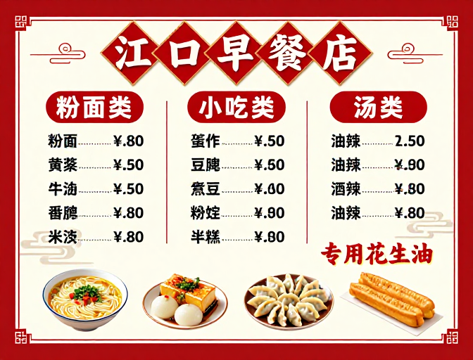 传统中式红白配色的早餐菜单海报