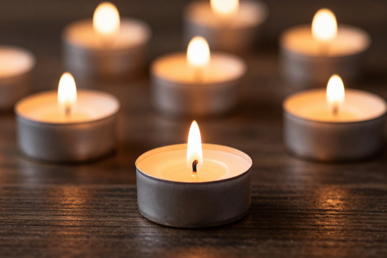 暖光烛照：深色木桌上静谧茶烛光影