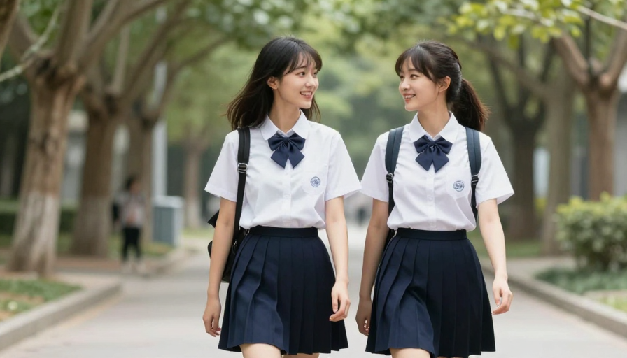 青春校园:两位校服女孩漫步时光
