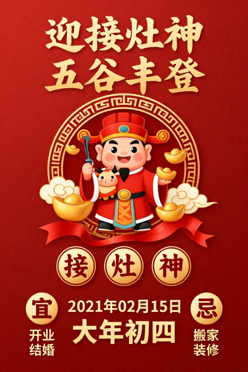传统灶神祈福海报：春节吉祥中式设计