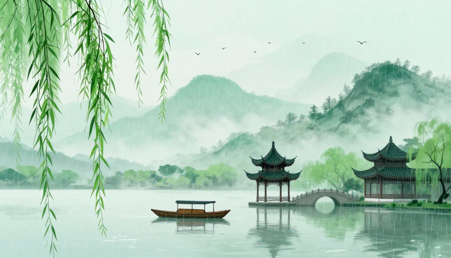 烟雨江南·青绿山水意境插画