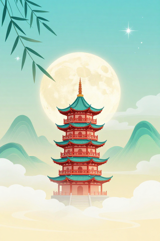 东方宝塔夜景：新国风极简意境插画