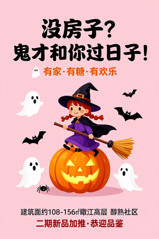 没房？鬼才过日子！粉色万圣节地产海报