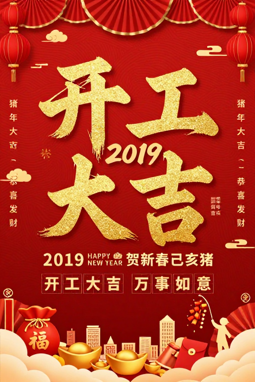 喜庆中国风2019新年开工大吉海报