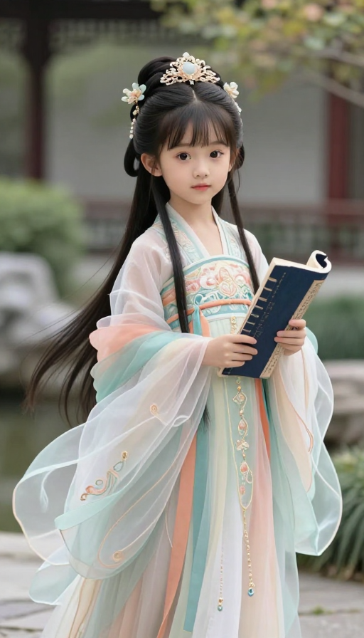 七岁古风少女:薄纱书香映古园