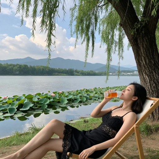 中国美女河边度假的静谧高清时光