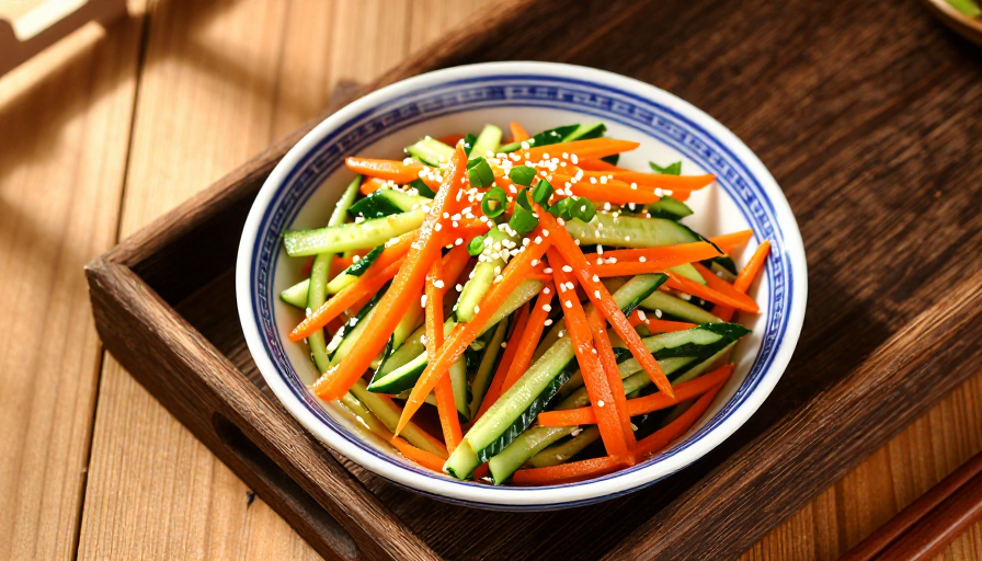 青花瓷碗凉拌菜:橙绿脆嫩夏日清凉佳肴