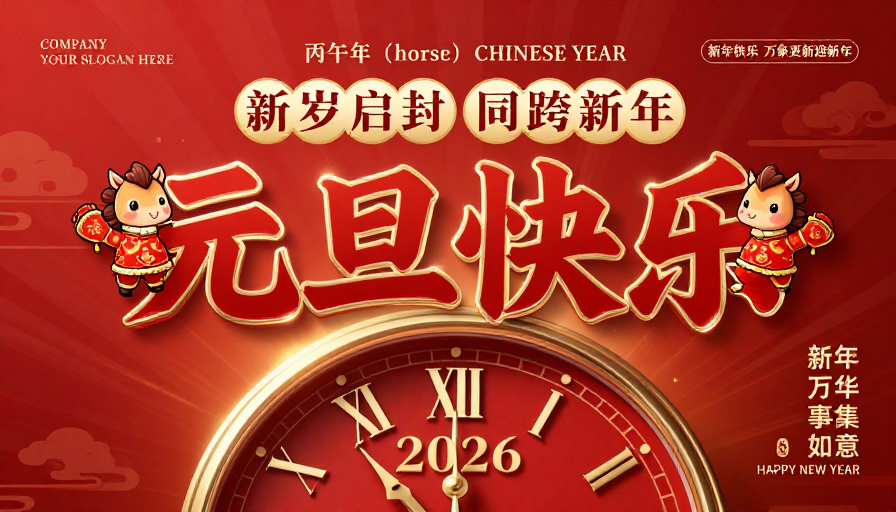 中国风新年贺卡：红色双马插画元旦海报