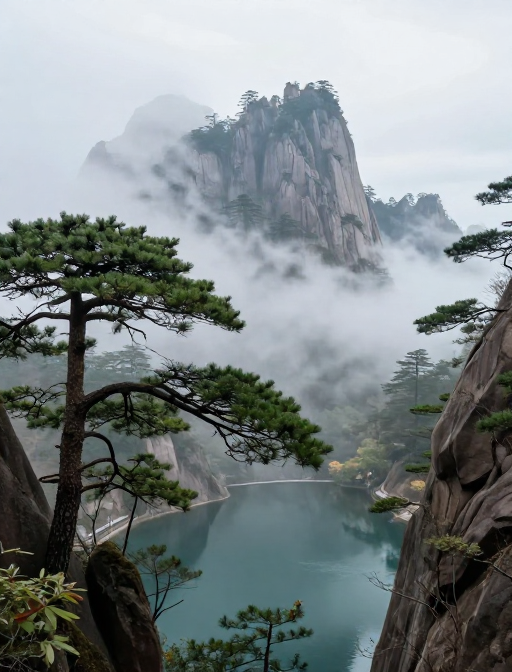 云雾奇峰松影清湖,国风画卷意境