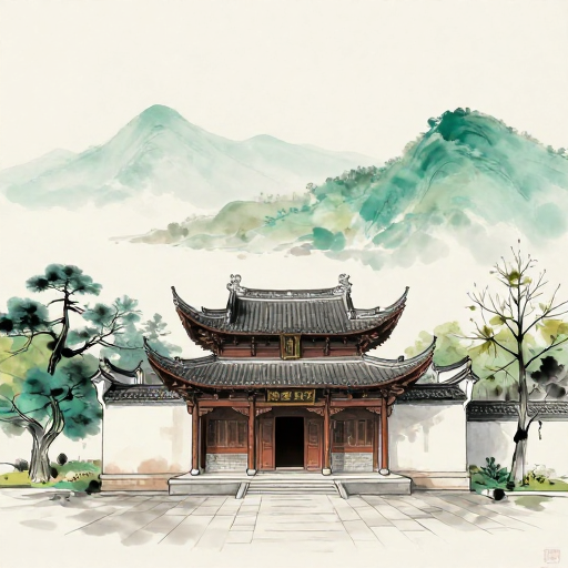 国潮水墨风衢山古建山水画卷