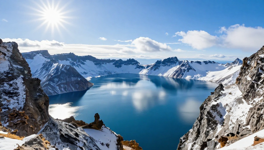天池火山口湖景：深蓝湖水映雪峰蓝天