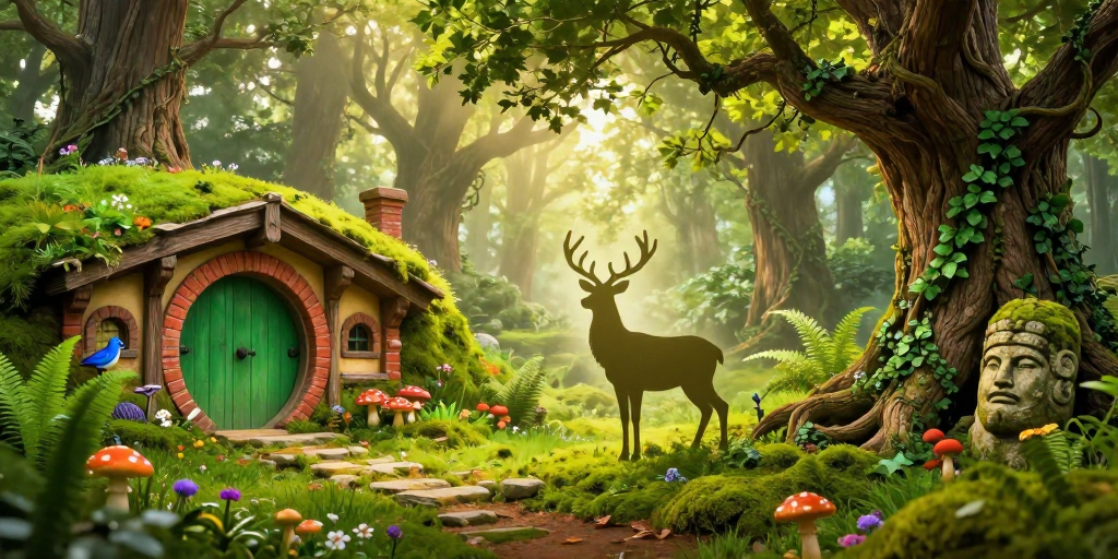 奇幻绿门秘境：苔藓森林与霍比特小屋的梦幻之旅