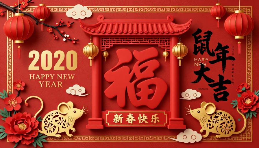 2020鼠年新春海报：立体福字与红金中国风设计