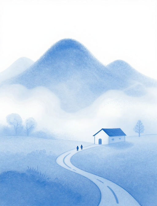 极简蓝调·治愈乡村:云雾山径的静谧插画