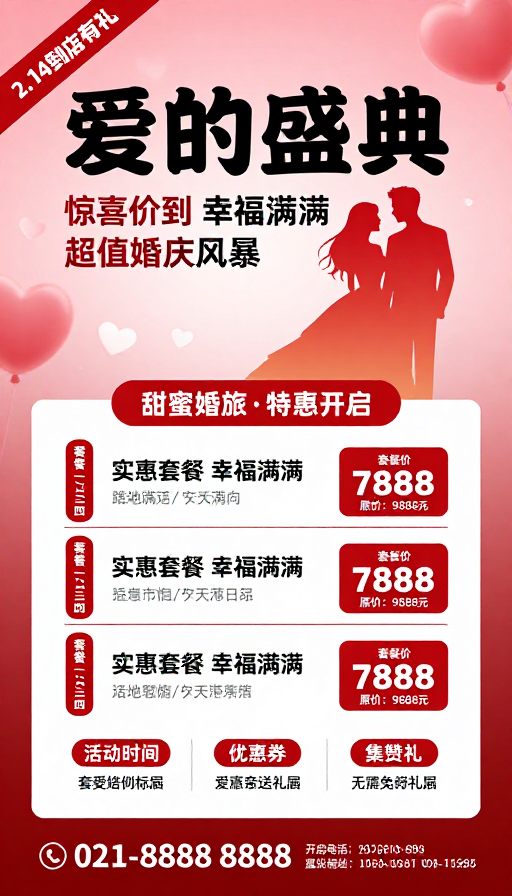 红浪漫婚礼促销：甜蜜庆典与超值套餐