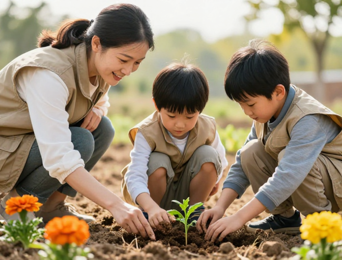 亚洲儿童专注种植幼苗的温馨亲子时光