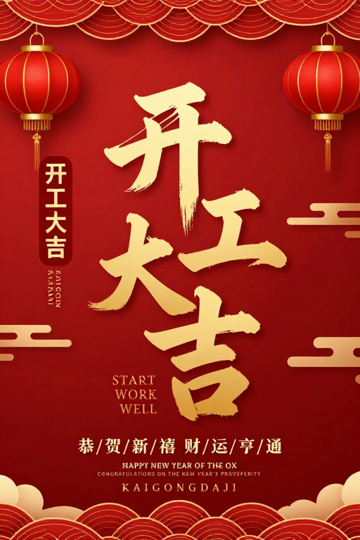 红金中国风新年开工大吉立体书法海报