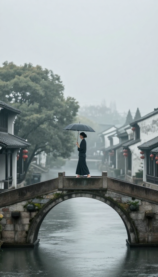 烟雨江南孤影:女子撑伞过石桥的诗意瞬间