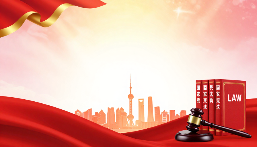 庄严法治主题:宪法与城市剪影的金色荣耀