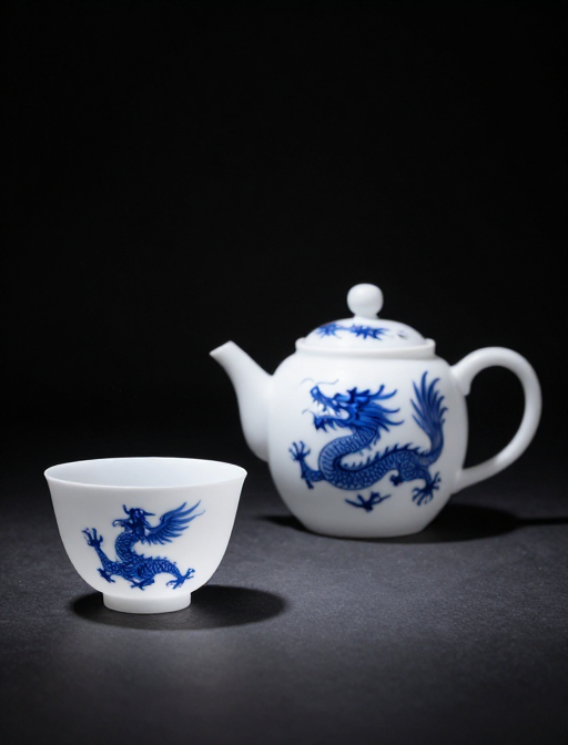 青花龙凤纹磨砂茶具静物摄影