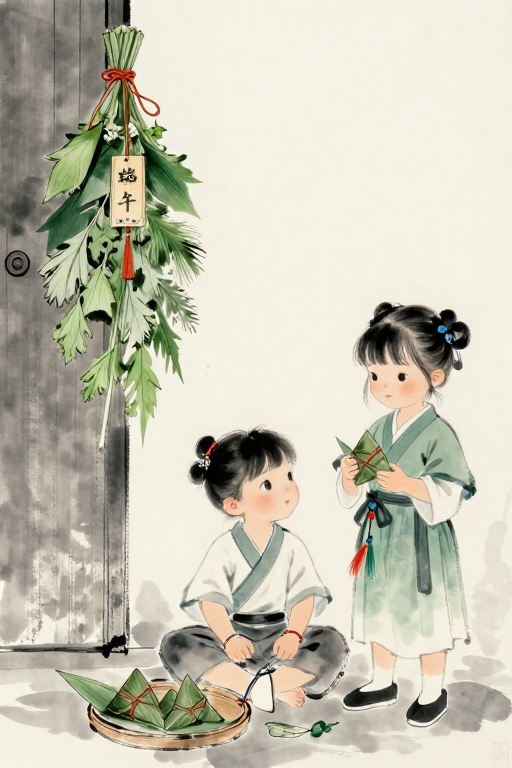水墨国风端午童趣:汉服孩童艾草粽香