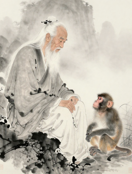 水墨意境：白发老人与灵猴的超现实对话