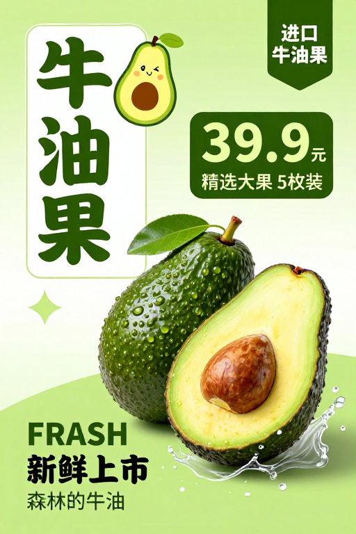 清新绿调进口牛油果促销海报,鲜活美味
