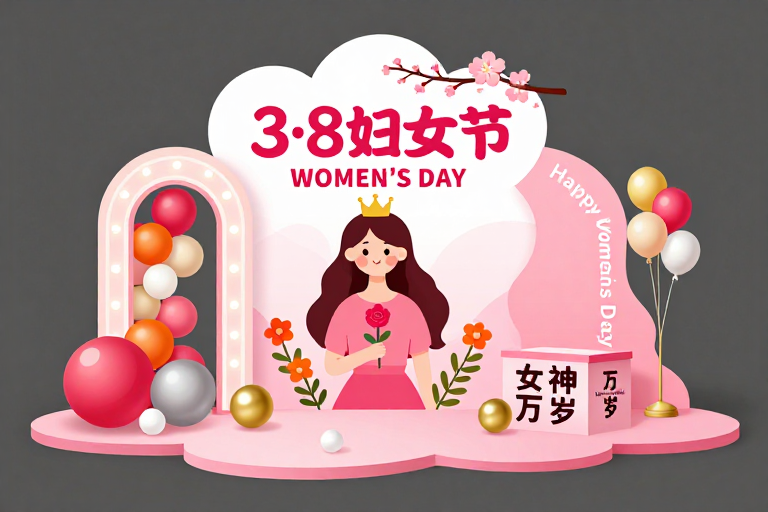 粉色立体妇女节美陈:梦幻插画与几何艺术融合