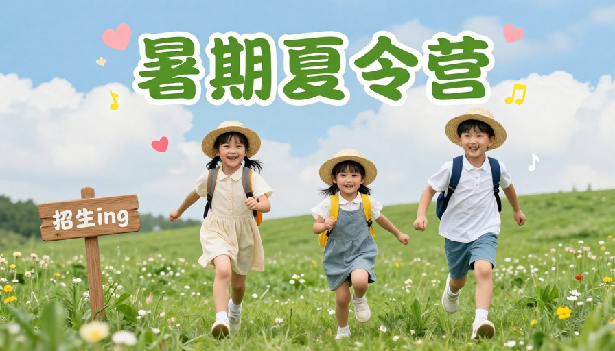 夏日童趣:孩子们在绿意山坡欢快奔跑的暑期夏令营宣传图